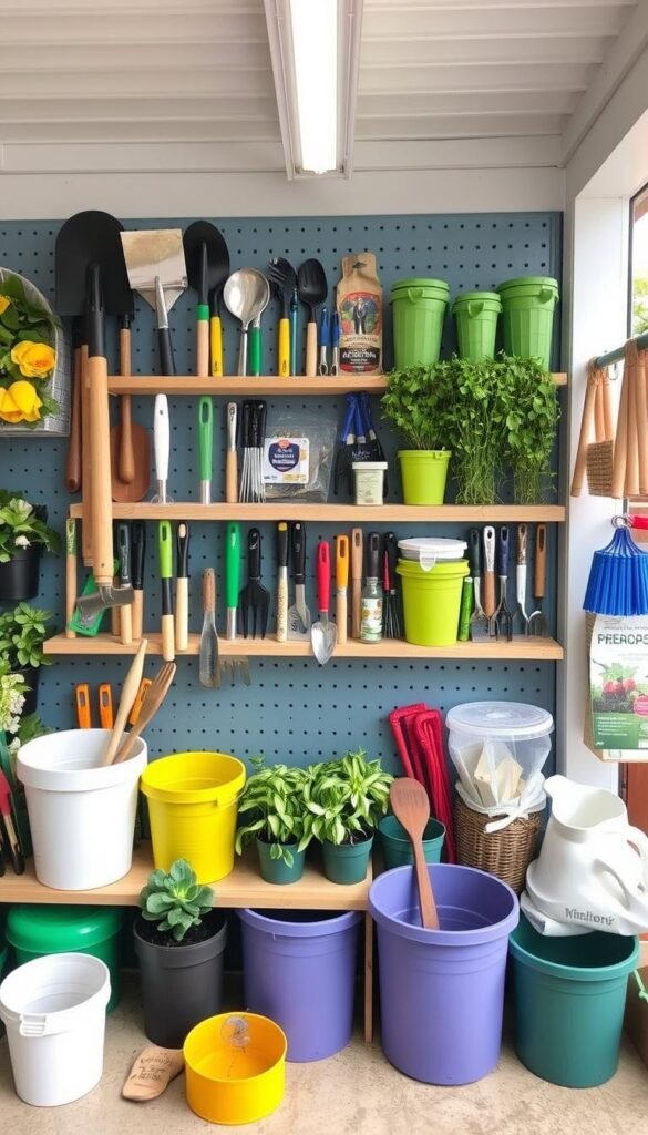 A well-lit, neatly arranged composition of budget-friendly essential gardening supplies. In the foreground, a trowel, pruning shears, and a hand cultivator sit atop a burlap sack. In the middle ground, a watering can, a small bag of potting soil, and a pack of vegetable seeds rest on a rustic wooden surface. The background features a verdant garden scene with lush foliage and a hint of blue sky, conveying a sense of tranquility and productivity. The overall mood is one of simplicity, functionality, and a down-to-earth approach to starting a garden on a budget.