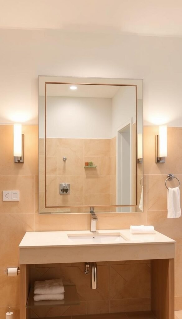 A well-lit, spacious bathroom with a central focal point - a stunning, rectangular bathroom mirror framed in a modern, sleek design.