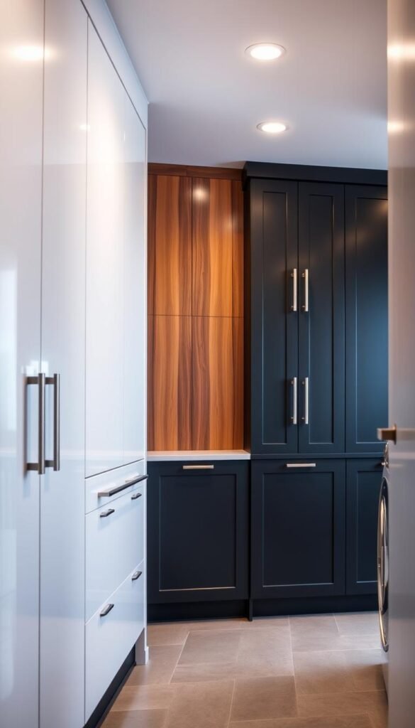 A well-lit, spacious laundry room with custom-built cabinets showcasing a variety of premium materials. In the foreground, sleek, high-gloss white cabinetry with brushed nickel hardware. The middle ground features warm, natural wood grain cabinets, their texture accentuated by carefully placed lighting. In the background, matte black cabinets provide a striking contrast, their smooth surfaces complemented by touches of burnished brass. The lighting, a combination of overhead fixtures and task lighting, casts a soft, even glow across the scene, highlighting the diverse textures and tones of the cabinetry materials. The overall atmosphere is one of modern elegance and functionality, inviting the viewer to envision the perfect laundry room design. A well-lit, spacious laundry room with custom-built cabinets showcasing a variety of premium materials. In the foreground, sleek, high-gloss white cabinetry with brushed nickel hardware. The middle ground features warm, natural wood grain cabinets, their texture accentuated by carefully placed lighting. In the background, matte black cabinets provide a striking contrast, their smooth surfaces complemented by touches of burnished brass. The lighting, a combination of overhead fixtures and task lighting, casts a soft, even glow across the scene, highlighting the diverse textures and tones of the cabinetry materials. The overall atmosphere is one of modern elegance and functionality, inviting the viewer to envision the perfect laundry room design.
