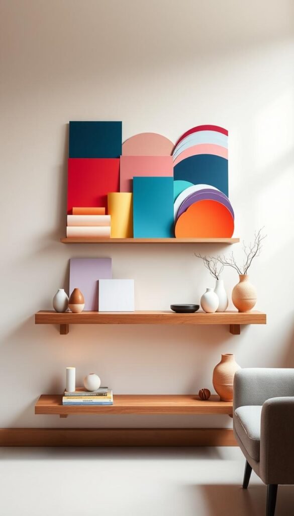 A well-lit studio setting with an elegant wooden floating shelf display showcasing a harmonious arrangement of vibrant color swatches, paint samples, and…