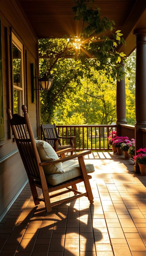 A well-maintained front porch, bathed in warm, golden sunlight filtering through a canopy of lush greenery. In the foreground, a weathered wooden rocking chair invites relaxation, its cushions fluffed and ready for an afternoon of quiet contemplation. The middle ground showcases a freshly swept porch, its boards gleaming with a fresh coat of protective stain. In the background, a row of potted plants lines the porch's edge, their vibrant blooms adding a burst of color to the scene. The atmosphere is one of tranquility and timeless charm, capturing the essence of front porch maintenance that will keep this beloved space welcoming for years to come.