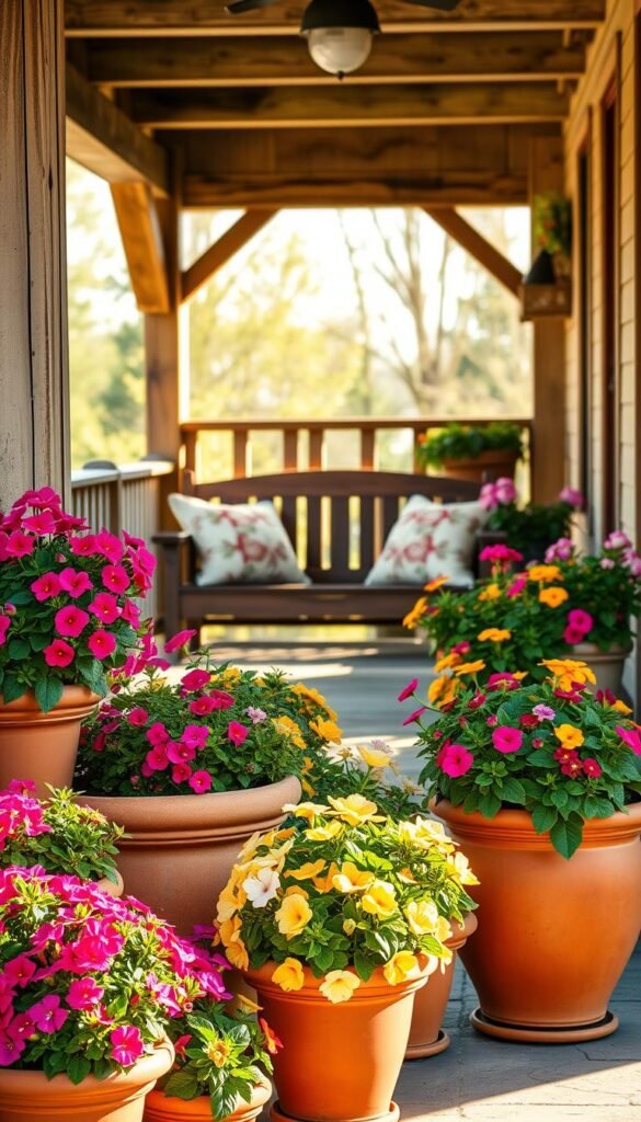 A well-maintained front porch with lush potted flowers, warm afternoon sunlight, and a touch of rustic charm. In the foreground, a collection of terra cotta planters overflowing with vibrant blooms, such as petunias, geraniums, and impatiens. The middle ground showcases a sturdy wooden bench adorned with plush cushions, inviting visitors to pause and admire the scene. In the background, the porch's weathered beams and railings frame the view, creating a cozy and inviting atmosphere. The lighting is soft and diffused, casting a golden glow on the flowers and accentuating their natural beauty. The overall impression is one of effortless elegance and a harmonious blend of nature and architecture. A well-maintained front porch with lush potted flowers, warm afternoon sunlight, and a touch of rustic charm. In the foreground, a collection of terra cotta planters overflowing with vibrant blooms, such as petunias, geraniums, and impatiens. The middle ground showcases a sturdy wooden bench adorned with plush cushions, inviting visitors to pause and admire the scene. In the background, the porch's weathered beams and railings frame the view, creating a cozy and inviting atmosphere. The lighting is soft and diffused, casting a golden glow on the flowers and accentuating their natural beauty. The overall impression is one of effortless elegance and a harmonious blend of nature and architecture.