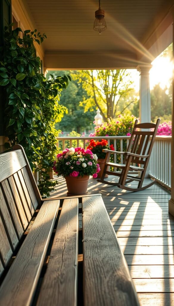 A well-maintained porch, bathed in warm, golden sunlight filtering through lush greenery. In the foreground, a weathered wooden bench, its surface adorned with a freshly-painted coat, invites visitors to sit and admire the scene. In the middle ground, a pair of sturdy rocking chairs, their slats gleaming with a new varnish, flank a potted plant overflowing with vibrant blooms. The background features a neatly swept porch floor, its boards freshly sanded and sealed, framed by a carefully tended garden bursting with colorful flowers. The overall atmosphere exudes a sense of comfortable, timeless charm, reflecting the dedication and care put into the porch's upkeep.