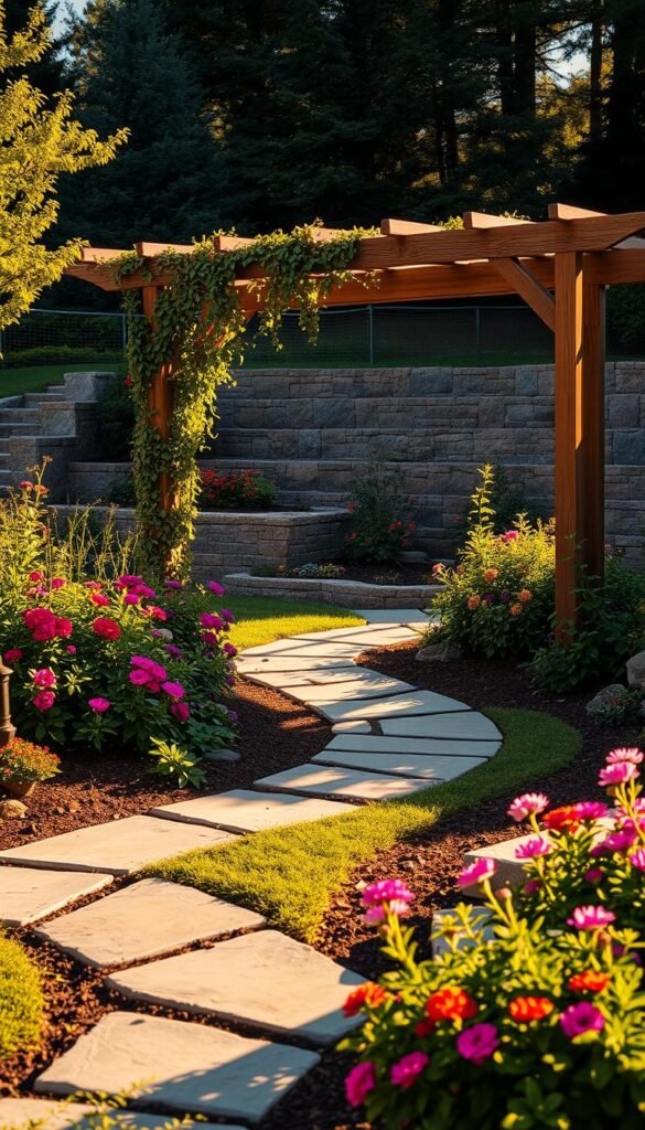 A well-manicured backyard with a variety of hardscaping elements. In the foreground, a curved stone pathway meanders through a lush, colorful garden filled with vibrant flowers and foliage. In the middle ground, a rustic wooden pergola casts dramatic shadows, supporting a climbing vine that cascades over the structure. In the background, a stone retaining wall frames the scene, creating an inviting and cohesive outdoor living space. The lighting is warm and golden, creating a serene and tranquil atmosphere, as if captured on a pleasant summer evening. The camera angle is slightly elevated, providing a panoramic view of the thoughtfully designed backyard landscape. A well-manicured backyard with a variety of hardscaping elements. In the foreground, a curved stone pathway meanders through a lush, colorful garden filled with vibrant flowers and foliage. In the middle ground, a rustic wooden pergola casts dramatic shadows, supporting a climbing vine that cascades over the structure. In the background, a stone retaining wall frames the scene, creating an inviting and cohesive outdoor living space. The lighting is warm and golden, creating a serene and tranquil atmosphere, as if captured on a pleasant summer evening. The camera angle is slightly elevated, providing a panoramic view of the thoughtfully designed backyard landscape.