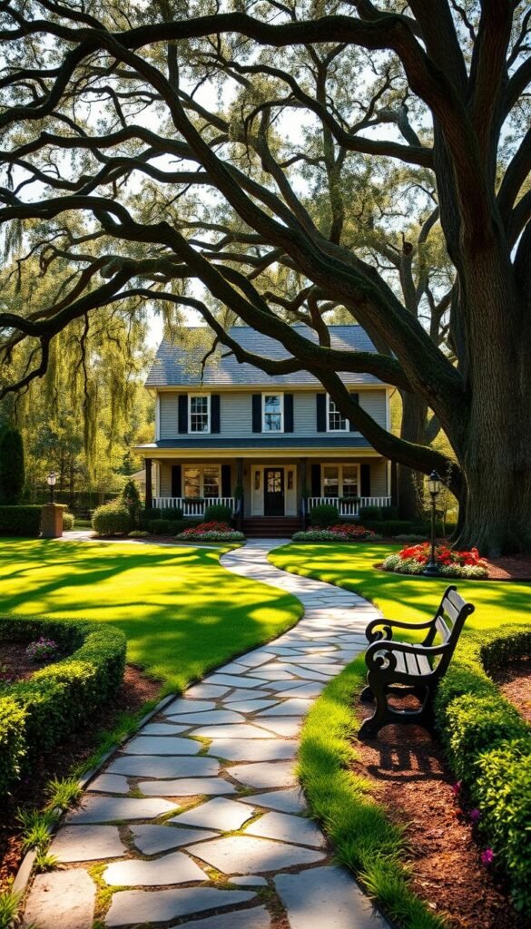 A well-manicured front yard with a lush, green lawn, framed by neatly trimmed hedges and vibrant flower beds. In the foreground, a winding stone pathway leads to a charming wooden bench, inviting visitors to pause and admire the serene scene. Towering oak trees cast gentle shadows, creating a warm, natural ambiance. The house, a traditional two-story with a weathered, yet inviting facade, stands as the centerpiece, its decorative shutters and a welcoming porch adding to the overall curb appeal. Soft, natural lighting filters through the trees, casting a golden glow on the landscape, evoking a sense of tranquility and inviting visitors to appreciate the beauty of the well-designed front yard.