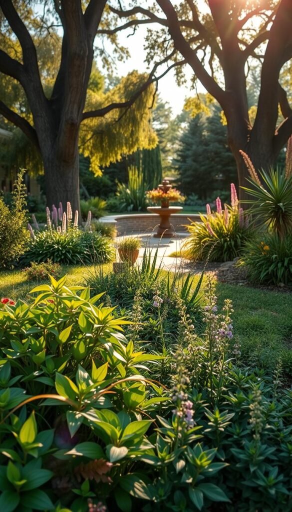 A well-manicured front yard with lush, drought-resistant native plants thriving in a sun-dappled, harmonious landscape. In the foreground, a variety of low-maintenance groundcover and perennials, their leaves rustling gently in a light breeze. Towering shade trees in the middle ground provide canopy and shelter for a diverse array of pollinator-friendly flora. The background reveals a serene water feature, its gentle gurgling complementing the overall sense of tranquility. Warm, golden-hour lighting bathes the scene, casting long shadows and highlighting the textural interplay of foliage. The composition conveys a sense of balance, sustainability, and environmental stewardship.