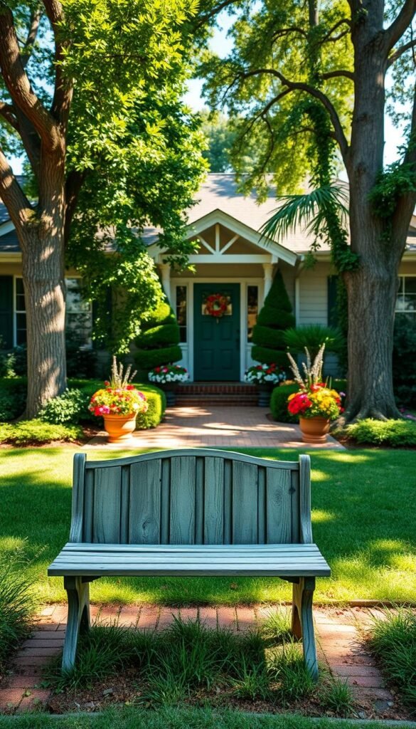 A well-manicured front yard with lush greenery, vibrant flowers, and a neatly trimmed lawn. A brick pathway leads to a charming, freshly painted front door, surrounded by decorative planters overflowing with colorful blooms. Tall, stately trees cast gentle shadows, creating a warm, inviting atmosphere. In the foreground, a quaint, weathered wooden bench invites passersby to pause and admire the thoughtfully designed landscape. The scene is illuminated by soft, natural lighting, captured by a wide-angle lens to showcase the full scope of the curb appeal. This image conveys a sense of pride, attention to detail, and a welcoming atmosphere that would impress even the most discerning neighbors. A well-manicured front yard with lush greenery, vibrant flowers, and a neatly trimmed lawn. A brick pathway leads to a charming, freshly painted front door, surrounded by decorative planters overflowing with colorful blooms. Tall, stately trees cast gentle shadows, creating a warm, inviting atmosphere. In the foreground, a quaint, weathered wooden bench invites passersby to pause and admire the thoughtfully designed landscape. The scene is illuminated by soft, natural lighting, captured by a wide-angle lens to showcase the full scope of the curb appeal. This image conveys a sense of pride, attention to detail, and a welcoming atmosphere that would impress even the most discerning neighbors.