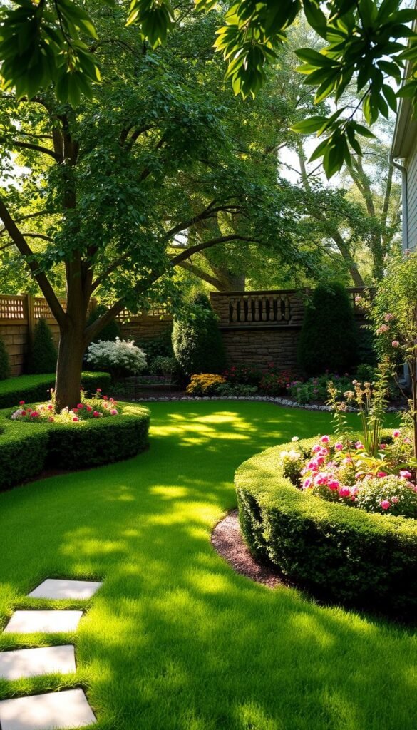 A well-manicured small backyard with a lush, verdant lawn and neatly trimmed hedges. In the foreground, a stone pathway meanders through a carefully arranged garden bed filled with vibrant, blooming perennials. Mature trees in the middle ground provide dappled shade, creating a serene and peaceful atmosphere. In the background, a decorative stone wall frames the scene, adding a touch of rustic elegance. The lighting is soft and natural, creating warm, golden hues that accentuate the earthy tones of the landscape. The overall composition conveys a sense of harmony and tranquility, perfectly suited for a well-maintained small backyard oasis. A well-manicured small backyard with a lush, verdant lawn and neatly trimmed hedges. In the foreground, a stone pathway meanders through a carefully arranged garden bed filled with vibrant, blooming perennials. Mature trees in the middle ground provide dappled shade, creating a serene and peaceful atmosphere. In the background, a decorative stone wall frames the scene, adding a touch of rustic elegance. The lighting is soft and natural, creating warm, golden hues that accentuate the earthy tones of the landscape. The overall composition conveys a sense of harmony and tranquility, perfectly suited for a well-maintained small backyard oasis.