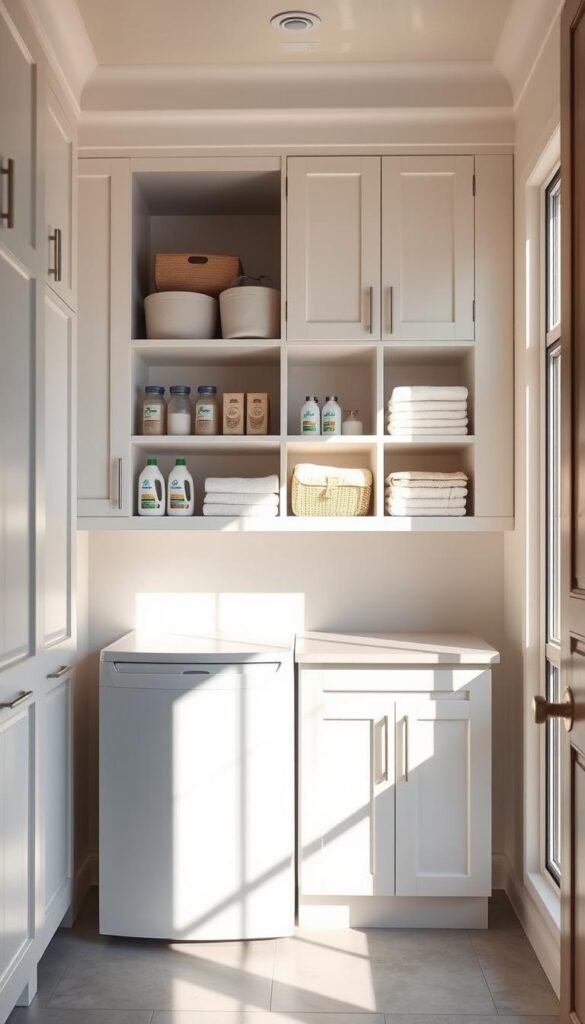 A well-organized and clutter-free laundry room with modern white cabinets and open shelving, bathed in warm, natural lighting streaming through large windows. The cabinets feature clean lines, sleek hardware, and ample storage space for detergents, cleaning supplies, and folded linens. A minimalist aesthetic is accentuated by the use of neutral colors and natural materials, creating a serene and functional atmosphere perfect for small-space organization.