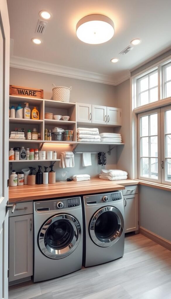 A well-organized and functional laundry room with vertical storage solutions that maximize the height of the space. Shelves, cabinets, and racks line the walls, neatly housing detergents, cleaning supplies, and folded linens. A front-loading washer and dryer sit beneath a sturdy wooden countertop, providing a practical workspace. Warm, diffused lighting from recessed ceiling fixtures casts a cozy glow, while large windows flood the room with natural light. The overall aesthetic is a harmonious blend of functionality and minimalist design, with a color palette of soft grays, whites, and natural wood tones.