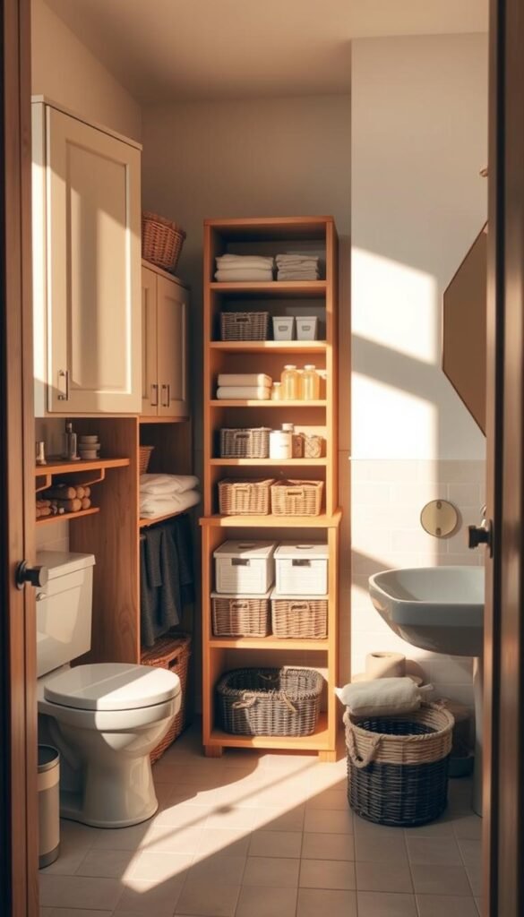 A well-organized bathroom storage space with a variety of shelving, cabinets, and baskets.