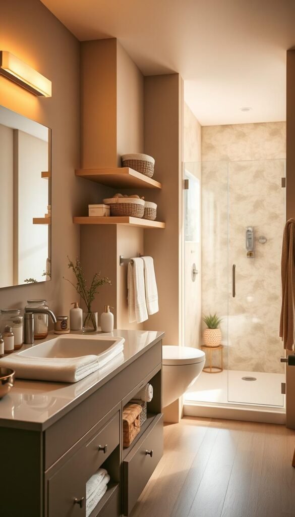 A well-organized bathroom with various storage solutions, bathed in warm, natural lighting.