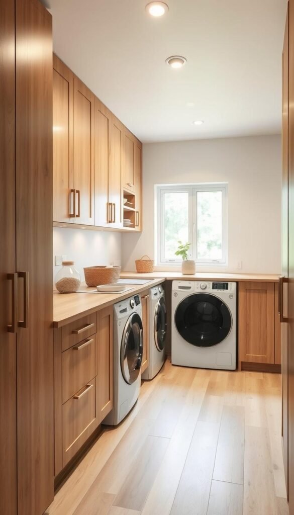 A well-organized eco-friendly laundry room with natural wood cabinets, soft overhead lighting, and a minimalist aesthetic. The cabinets feature clean lines and recessed handles, complementing the warm-toned wooden countertops. The room is bathed in a soft, diffused light, creating a calming atmosphere. The overall design emphasizes sustainability and functionality, with ample storage space for laundry essentials. The room's layout is designed to maximize efficiency and reduce environmental impact, showcasing a thoughtful and practical approach to a small-space makeover.