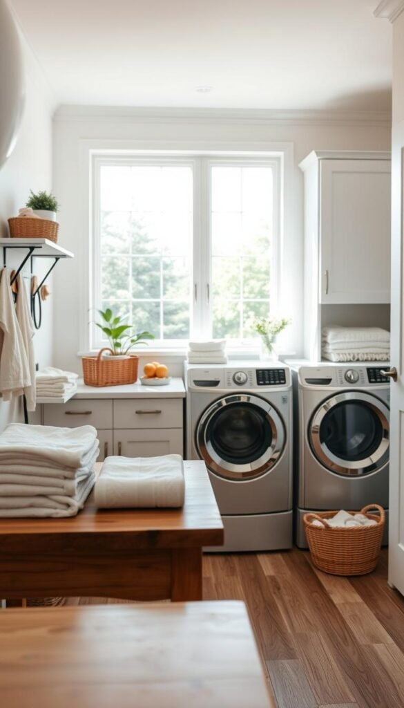 A well-organized laundry room with a bright, airy ambiance. In the foreground, a wooden folding table is adorned with neatly folded towels and baskets filled with laundry essentials. Mid-ground features a modern, front-loading washer and dryer set, complemented by sleek, minimalist cabinetry. The background showcases a large window allowing natural light to flood the space, creating a warm, inviting atmosphere. Subtle pops of color, such as potted plants and decorative accents, add a touch of personality. The overall composition conveys a sense of efficiency, organization, and a welcoming, functional laundry area.