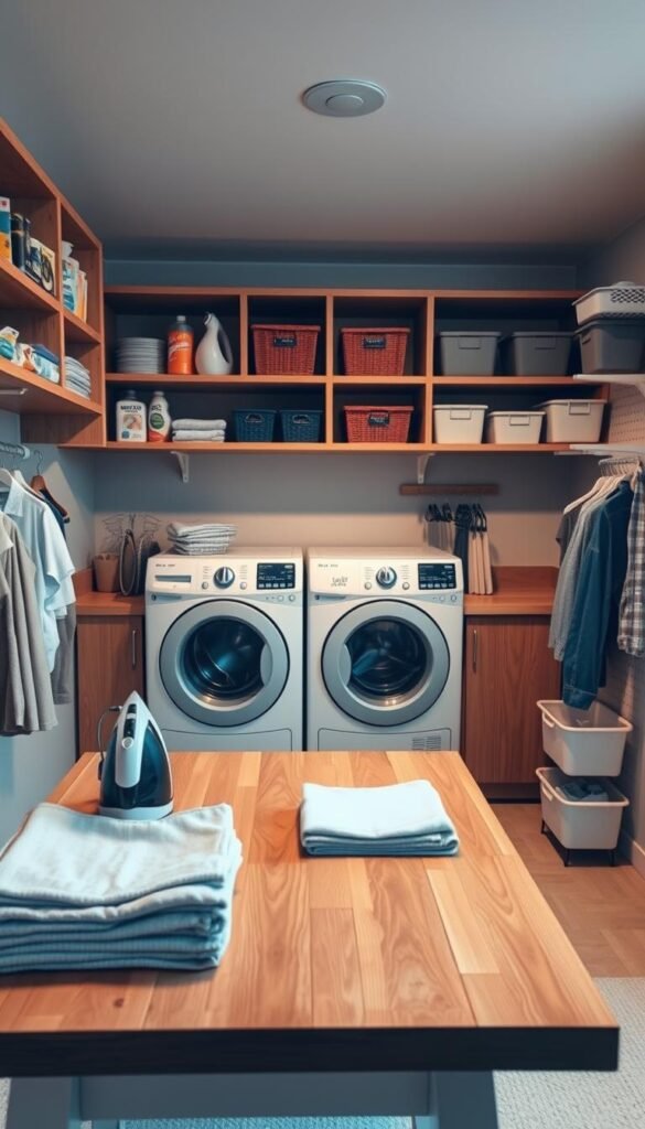 A well-organized laundry room with a centralized folding and ironing station. The foreground features a sturdy wooden tabletop with a built-in ironing board, accompanied by a neatly folded stack of freshly laundered clothes. Overhead, a series of custom shelves and cabinets provide ample storage space for detergents, stain removers, and other laundry essentials. The room is bathed in warm, diffused lighting, creating a cozy and inviting atmosphere. The middle ground showcases a compact, efficient washing machine and dryer duo, seamlessly integrated into the overall design. The background subtly hints at additional organizational elements, such as labeled bins, hanging rods, and a pegboard system, all contributing to a harmonious and functional laundry oasis. A well-organized laundry room with a centralized folding and ironing station. The foreground features a sturdy wooden tabletop with a built-in ironing board, accompanied by a neatly folded stack of freshly laundered clothes. Overhead, a series of custom shelves and cabinets provide ample storage space for detergents, stain removers, and other laundry essentials. The room is bathed in warm, diffused lighting, creating a cozy and inviting atmosphere. The middle ground showcases a compact, efficient washing machine and dryer duo, seamlessly integrated into the overall design. The background subtly hints at additional organizational elements, such as labeled bins, hanging rods, and a pegboard system, all contributing to a harmonious and functional laundry oasis.