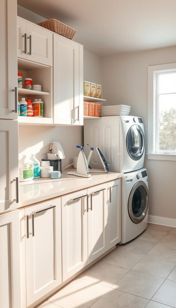 A well-organized laundry room with ample storage solutions. In the foreground, sleek white cabinets with neatly arranged cleaning supplies and detergents. In the middle, a spacious countertop with a folding station and a built-in ironing board. The background features a stacked washer and dryer, bathed in warm, natural lighting from a large window. The overall atmosphere is one of efficiency and tranquility, encouraging a streamlined and stress-free laundry experience. A well-organized laundry room with ample storage solutions. In the foreground, sleek white cabinets with neatly arranged cleaning supplies and detergents. In the middle, a spacious countertop with a folding station and a built-in ironing board. The background features a stacked washer and dryer, bathed in warm, natural lighting from a large window. The overall atmosphere is one of efficiency and tranquility, encouraging a streamlined and stress-free laundry experience.