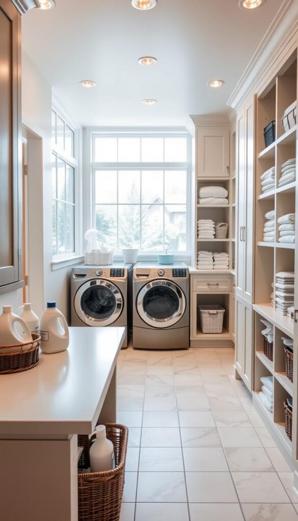 A well-organized laundry room with ample storage solutions. The foreground features a functional folding counter, neatly arranged with baskets and detergents. In the middle ground, custom cabinetry and shelving units provide ample space for linens, cleaning supplies, and neatly folded clothes. The background showcases a bright, airy space with large windows allowing natural light to flood the room. Soft, warm lighting fixtures illuminate the space, creating a calming and efficient atmosphere. The tiled floor and neutral color palette contribute to the overall clean and modern aesthetic. The room conveys a sense of order and productivity, perfectly suited for the "Importance of a Functional Laundry Room" section. A well-organized laundry room with ample storage solutions. The foreground features a functional folding counter, neatly arranged with baskets and detergents. In the middle ground, custom cabinetry and shelving units provide ample space for linens, cleaning supplies, and neatly folded clothes. The background showcases a bright, airy space with large windows allowing natural light to flood the room. Soft, warm lighting fixtures illuminate the space, creating a calming and efficient atmosphere. The tiled floor and neutral color palette contribute to the overall clean and modern aesthetic. The room conveys a sense of order and productivity, perfectly suited for the "Importance of a Functional Laundry Room" section.