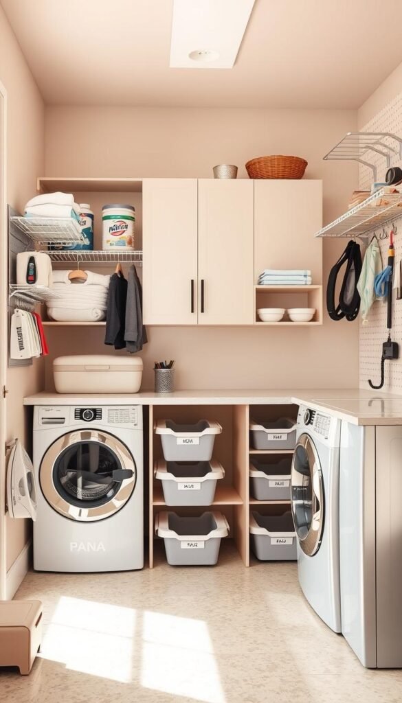 A well-organized laundry room with ample storage solutions. The foreground showcases various essential organization tools, including a magnetic strip for holding laundry supplies, a hanging rod for drying delicates, and labeled bins for sorting clothes. The middle ground features a large cabinet system with adjustable shelves, maximizing vertical space. In the background, a pegboard with hooks displays ironing boards, drying racks, and other cleaning tools. The room is bathed in warm, natural lighting, creating a welcoming and functional atmosphere. The overall composition emphasizes efficiency, practicality, and a visually appealing layout.