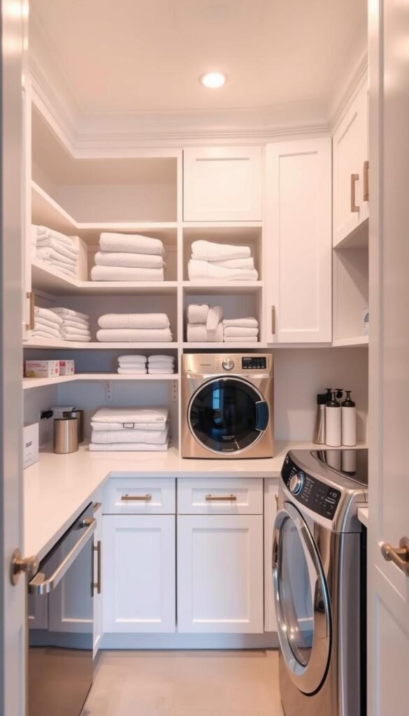 A well-organized laundry room with crisp white cabinets, gleaming stainless steel appliances, and a spacious countertop. Soft, even lighting illuminates the room, creating a sense of tranquility. Shelves and drawers are meticulously arranged, showcasing neatly folded linens, detergents, and other laundry essentials. The room's layout is intuitive, with a practical flow that streamlines the laundry process. The overall atmosphere exudes a harmonious blend of functionality and aesthetic appeal, highlighting the importance of thoughtful laundry room design. A well-organized laundry room with crisp white cabinets, gleaming stainless steel appliances, and a spacious countertop. Soft, even lighting illuminates the room, creating a sense of tranquility. Shelves and drawers are meticulously arranged, showcasing neatly folded linens, detergents, and other laundry essentials. The room's layout is intuitive, with a practical flow that streamlines the laundry process. The overall atmosphere exudes a harmonious blend of functionality and aesthetic appeal, highlighting the importance of thoughtful laundry room design.