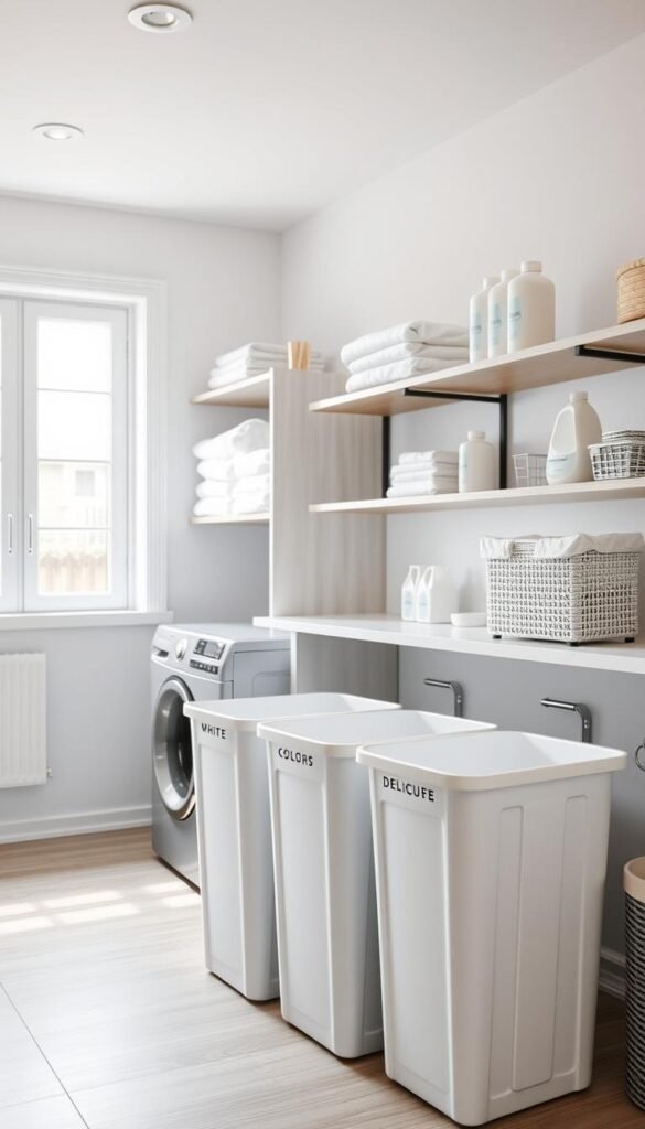 A well-organized laundry room with efficient sorting solutions. In the foreground, a modern sorting station with labeled bins for whites, colors, and delicates. Shelves in the middle ground display neatly folded linens and detergents. The background features a large window letting in natural light, illuminating the space with a warm, inviting glow. The room has a minimalist, Scandinavian-inspired aesthetic with clean lines and a soothing color palette of whites, grays, and light wood tones. The overall atmosphere conveys a sense of calm and order, perfect for the task of sorting laundry.