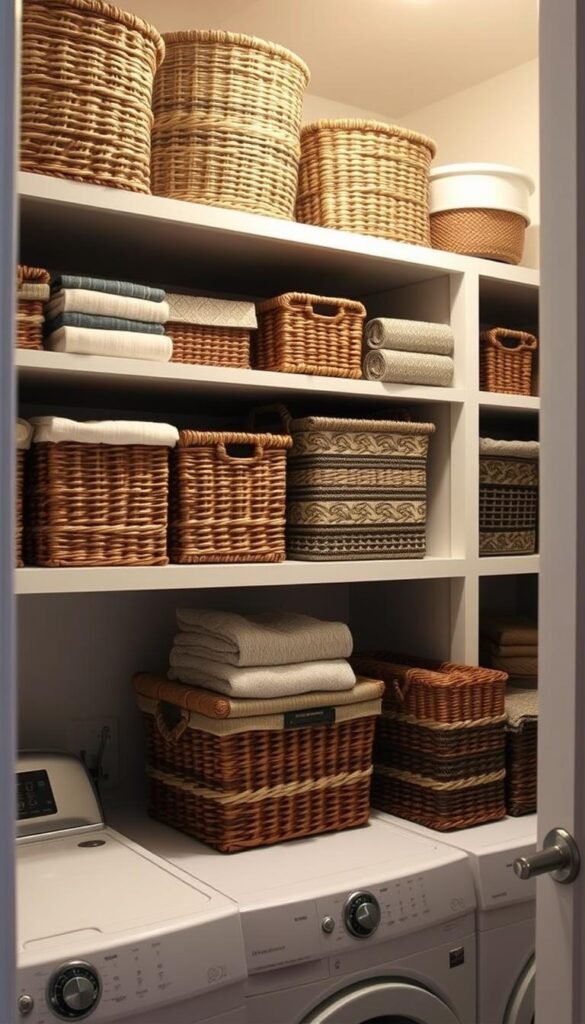 A well-organized laundry room with neatly stacked baskets in varying sizes and textures. The baskets are strategically placed on open shelves, creating a visually appealing and functional display. The lighting is soft and warm, creating a cozy and inviting atmosphere. The camera angle is slightly elevated, capturing the baskets from an angle that highlights their form and texture. The overall mood is one of organization, simplicity, and a touch of rustic charm, perfectly complementing the "Decorate with Functional Accessories" section of the article.