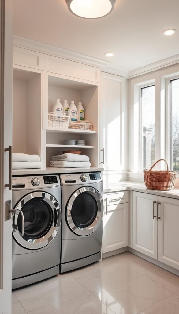 A well-organized laundry room with sleek white cabinetry, chrome fixtures, and a marble countertop. Bright, soft lighting illuminates the space, creating a clean and airy atmosphere. In the foreground, a modern washer and dryer sit side-by-side, their polished surfaces reflecting the room's efficient design. On the countertop, neatly folded towels and laundry baskets add practical touches. The middle ground features built-in shelves displaying neatly arranged detergents, fabric softeners, and other cleaning supplies. The background showcases large windows, allowing natural light to pour in and enhance the room's sense of openness and tranquility. Overall, the image conveys a harmonious, high-functioning laundry room that maximizes organization and style.