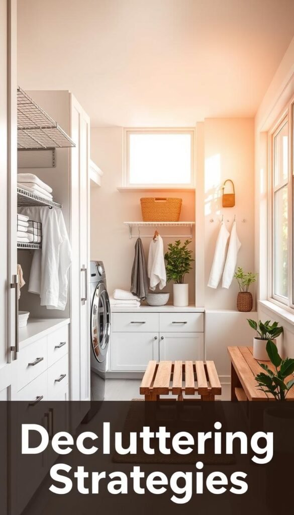 A well-organized laundry room with sleek white cabinetry, wire shelving, and neatly folded towels and linens. The room is bathed in warm, natural light filtering through large windows, creating a cozy and inviting atmosphere. Hanging rods and storage baskets add functional elements, while a wooden bench and potted plants introduce a touch of rustic charm. The overall scene conveys a sense of calm and efficiency, perfectly reflecting the "Decluttering Strategies" theme.