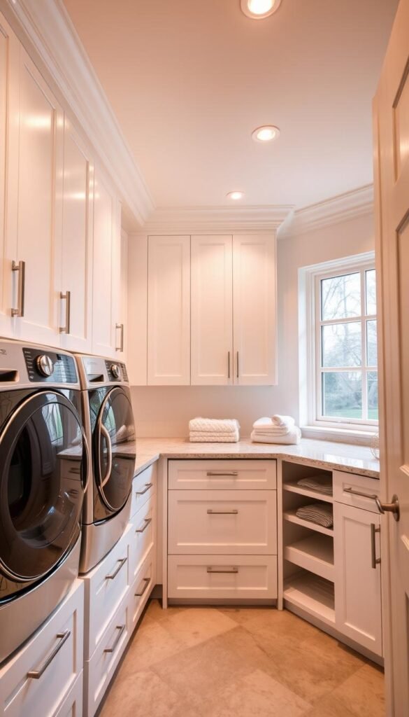 A well-organized laundry room with sleek white cabinets, a quartz countertop, and a built-in folding station. The room is bathed in warm, diffused lighting from recessed ceiling fixtures, creating a cozy and inviting atmosphere. In the foreground, a stainless steel washer and dryer stand side by side, their shiny surfaces reflecting the surrounding cabinetry. On the countertop, a few neatly folded towels and a decorative plant add a touch of style. The middle ground features a set of pull-out drawers and shelves, perfectly arranged to store detergents, fabric softeners, and other laundry essentials. The background showcases a large window, allowing natural light to flood the space and create a sense of openness and tranquility. A well-organized laundry room with sleek white cabinets, a quartz countertop, and a built-in folding station. The room is bathed in warm, diffused lighting from recessed ceiling fixtures, creating a cozy and inviting atmosphere. In the foreground, a stainless steel washer and dryer stand side by side, their shiny surfaces reflecting the surrounding cabinetry. On the countertop, a few neatly folded towels and a decorative plant add a touch of style. The middle ground features a set of pull-out drawers and shelves, perfectly arranged to store detergents, fabric softeners, and other laundry essentials. The background showcases a large window, allowing natural light to flood the space and create a sense of openness and tranquility.