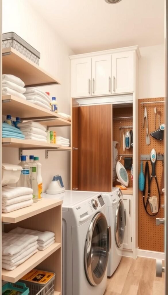 A well-organized laundry room with versatile storage solutions. In the foreground, a set of shelves neatly displaying clean linens, detergents, and other essentials. In the middle ground, a built-in cabinet system with sliding doors, optimizing vertical space. The background features a pegboard with hanging storage options for irons, cleaning tools, and more. Warm, natural lighting illuminates the room, creating a sense of efficiency and organization. The overall scene conveys a tidy, functional space that maximizes the limited square footage of a small laundry room.