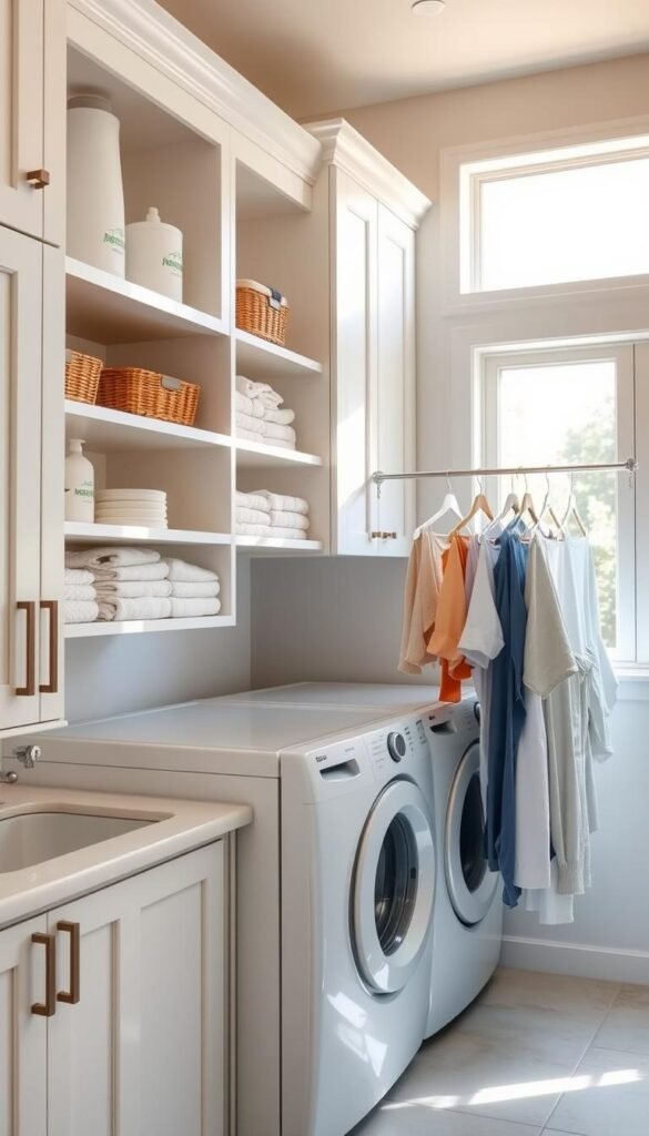 A well-organized laundry room with vertical storage solutions. Sunlight streams through large windows, casting a warm glow on the neatly arranged shelves, cabinets, and hanging racks. Sleek, minimalist white cabinetry contrasts with natural wood accents, creating a serene, spa-like atmosphere. Floating shelves display decorative baskets, detergents, and neatly folded linens. A modern hanging rod system maximizes vertical space, with carefully color-coordinated garments and linens. The room is meticulously tidy, with every item in its place, showcasing an efficient and visually appealing storage system.