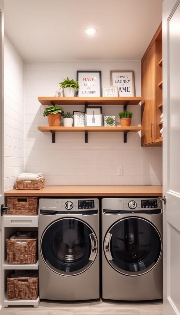 A well-organized small laundry room with a modern, cozy vibe. In the foreground, a sleek front-loading washer and dryer set, neatly arranged alongside a minimalist folding table with decorative baskets. On the middle shelves, an array of decorative items like potted plants, framed artwork, and vintage-inspired laundry signs. The background features clean white subway tile walls, complemented by warm wood-tone accents in the cabinetry and shelving. Soft, diffused lighting from recessed ceiling fixtures creates a welcoming ambiance. The overall scene conveys a sense of functional efficiency blended with personal touches for a charming, well-designed laundry nook. A well-organized small laundry room with a modern, cozy vibe. In the foreground, a sleek front-loading washer and dryer set, neatly arranged alongside a minimalist folding table with decorative baskets. On the middle shelves, an array of decorative items like potted plants, framed artwork, and vintage-inspired laundry signs. The background features clean white subway tile walls, complemented by warm wood-tone accents in the cabinetry and shelving. Soft, diffused lighting from recessed ceiling fixtures creates a welcoming ambiance. The overall scene conveys a sense of functional efficiency blended with personal touches for a charming, well-designed laundry nook.
