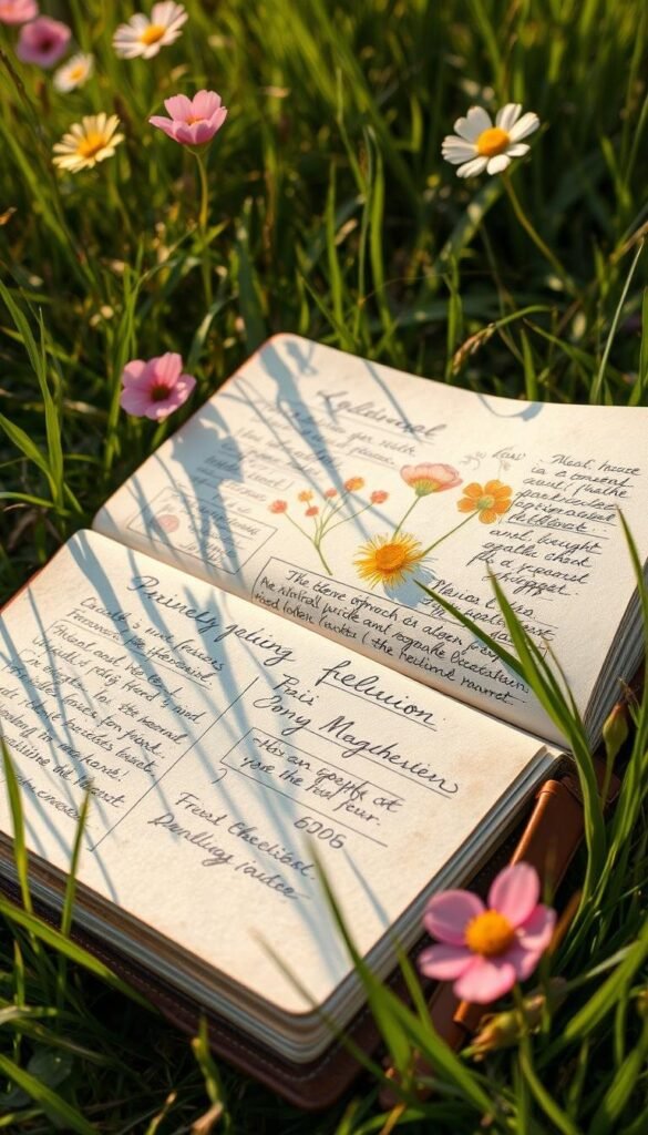 A well-worn leather field notebook lies open in the lush grass, its pages revealing delicate sketches and handwritten notes on vibrant spring wildflowers. The notebook is illuminated by warm, soft sunlight filtering through the swaying petals of a nearby meadow. Delicate botanical illustrations and meticulously detailed descriptions fill the pages, guiding the viewer on a journey of discovery through nature's colorful tapestry. The scene evokes a sense of exploration, wonder, and a deep appreciation for the beauty and diversity of the natural world.
