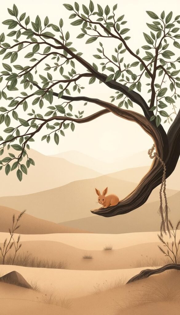 A whimsical and organic boho-inspired nursery art piece, showcasing a serene nature scene. In the foreground, an elegant, hand-drawn illustration of a sprawling tree branch with lush, flowing leaves, casting a soft, dappled light across the composition. Nestled within the branches, a sweet, illustrative animal, perhaps a rabbit or a bird, gazing contentedly. In the middle ground, a muted, earthy color palette, with subtle textures and patterns reminiscent of woven textiles or macrame. The background features a hazy, dreamlike landscape, with rolling hills, distant mountains, and a warm, golden-hour glow illuminating the scene. The overall atmosphere is calming, soothing, and infused with a sense of natural wonder, perfectly suited for a modern, boho-inspired nursery.