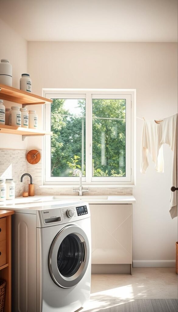An airy, sunlit laundry room with an eco-friendly design. The foreground showcases a front-loading washer and dryer in a sleek, white finish, complemented by wooden shelves holding biodegradable detergents and reusable fabric softener balls. In the middle ground, a large window overlooks a lush, green garden, flooding the space with natural light. The background features a minimalist, sustainable backsplash made of recycled tiles, and a clothesline stretches across the room, drying freshly washed clothes. The overall atmosphere is calming and serene, with a focus on environmentally conscious choices. An airy, sunlit laundry room with an eco-friendly design. The foreground showcases a front-loading washer and dryer in a sleek, white finish, complemented by wooden shelves holding biodegradable detergents and reusable fabric softener balls. In the middle ground, a large window overlooks a lush, green garden, flooding the space with natural light. The background features a minimalist, sustainable backsplash made of recycled tiles, and a clothesline stretches across the room, drying freshly washed clothes. The overall atmosphere is calming and serene, with a focus on environmentally conscious choices.
