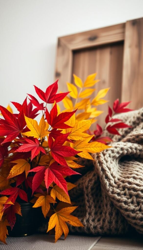 An artfully arranged autumn color palette, captured in a soft, diffused light.