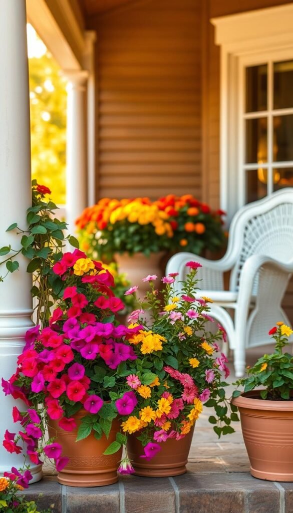 An elegant front porch adorned with vibrant flower pots, bathed in warm, golden sunlight. In the foreground, cascading petunias, trailing vines, and lush geraniums spill over the edges of terracotta planters. Behind them, a row of cheerful marigolds and zinnias in a rainbow of colors. The middle ground features a pair of classic white wicker chairs, inviting the viewer to sit and admire the floral display. In the background, the porch's wood slats and a matching railing create a cozy, inviting atmosphere. The scene exudes a sense of seasonal charm and natural beauty, perfect for welcoming guests to this cherished outdoor space. An elegant front porch adorned with vibrant flower pots, bathed in warm, golden sunlight. In the foreground, cascading petunias, trailing vines, and lush geraniums spill over the edges of terracotta planters. Behind them, a row of cheerful marigolds and zinnias in a rainbow of colors. The middle ground features a pair of classic white wicker chairs, inviting the viewer to sit and admire the floral display. In the background, the porch's wood slats and a matching railing create a cozy, inviting atmosphere. The scene exudes a sense of seasonal charm and natural beauty, perfect for welcoming guests to this cherished outdoor space.