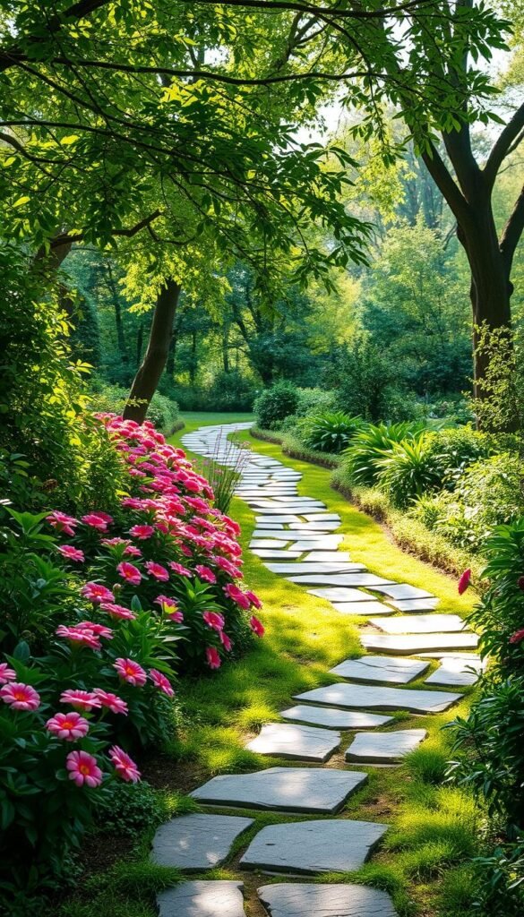 An elegant, winding stone pathway meandering through a lush, verdant garden. The path is lined with vibrant flowers, their petals swaying in a gentle breeze. Soft, dappled sunlight filters through the canopy of trees, casting a warm, inviting glow on the scene. The pathway curves gracefully, beckoning the viewer to explore the tranquil oasis. The overall composition evokes a sense of serenity and invites the viewer to imagine themselves strolling along this picturesque passage, drawn deeper into the serene landscaping.