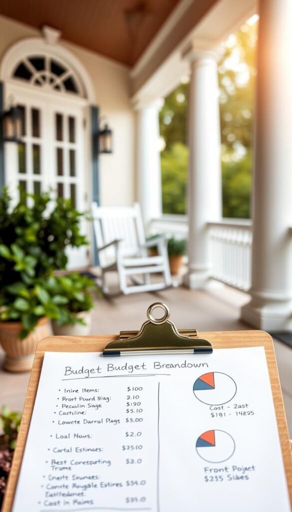 An elegantly designed front porch with a detailed budget breakdown displayed on a wooden clipboard. The porch features classic white columns, a welcoming rocking chair, and lush potted plants. The clipboard is positioned in the foreground, showcasing handwritten line items, cost estimates, and a pie chart illustration. Warm, natural lighting bathes the scene, creating a cozy, inviting atmosphere. The background blurs softly, allowing the budget details to take center stage. The overall composition conveys a sense of planning, organization, and thoughtful consideration for the front porch project.