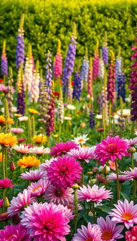 An enchanting English flower garden in full bloom, captured in vibrant detail. In the foreground, a lush tapestry of perennial blooms - peonies, dahlias, and lilies burst with vivid color. The middle ground showcases a harmonious arrangement of foxgloves, lupins, and delphiniums, their tall stems swaying gently in the soft, golden light. The background reveals a verdant hedgerow, framing the scene with its rich, verdant foliage. The image is imbued with a sense of timeless elegance, inviting the viewer to step into this enchanting floral oasis. Soft, diffused lighting creates a warm, dreamlike atmosphere, highlighting the delicate textures and intricate beauty of the flowers.