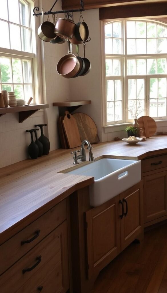 An expansive rustic farmhouse kitchen, brightly lit by natural sunlight streaming through large windows. The worn, weathered wood of the countertops contrasts beautifully with the smooth, light-colored stone backsplash. Subtle distressing and knots in the wood add character, as if the counters have been used and loved for generations. Vintage copper pots and pans hang from a wrought-iron rack, complementing the warm, earthy tones. A farmhouse sink with a classic gooseneck faucet sits at the center, ready to host homemade meals and baked goods. The overall atmosphere is one of timeless charm and comfortable elegance.