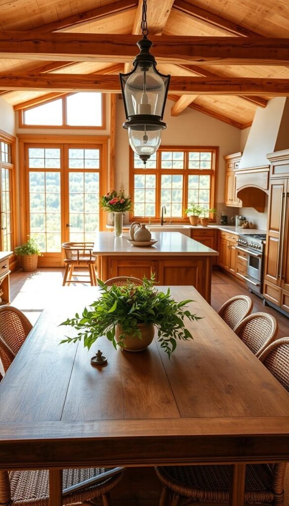 An expansive, sun-drenched kitchen filled with natural textures and earthy tones. The foreground showcases a large, wooden dining table surrounded by rattan-backed chairs, with a centerpiece of lush greenery and a weathered ceramic vase. The middle ground features a farmhouse-style kitchen island with a stone countertop, complemented by wooden cabinets and a vintage-inspired light fixture. In the background, panoramic windows offer a breathtaking view of a lush, verdant landscape, bathing the space in warm, golden light. The overall atmosphere evokes a serene, grounded ambiance, perfectly capturing the essence of the "Earthy Kitchen Aesthetic".