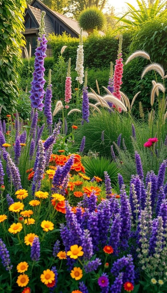 An idyllic English cottage garden, overflowing with a vibrant array of companion plants. In the foreground, clusters of colorful blooms - delicate lavender, cheery marigolds, and fragrant rosemary intertwine, creating a tapestry of textures and hues. In the middle ground, towering hollyhocks and towering foxgloves stand tall, their spires reaching towards the sun. Lush, verdant foliage frames the scene, with swaying grasses and trailing vines softening the edges. The lighting is warm and golden, evoking a sense of timeless charm and tranquility. Captured through a wide-angle lens, the image conveys the beauty and harmony of a well-designed cottage garden, where plants work in symbiosis to create a captivating and naturalistic display.