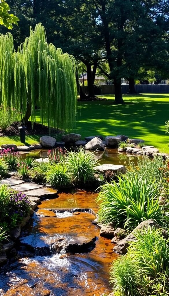 An idyllic backyard landscape with a serene water feature. In the foreground, a gently flowing stream cuts through lush greenery, its surface reflecting the warm sunlight. Bordering the water, a stone pathway winds through a variety of native plants, their vibrant colors and textures adding depth and interest. In the middle ground, a tranquil pond is surrounded by decorative boulders and graceful weeping willows, their cascading branches dipping into the still waters. In the background, a well-manicured lawn is framed by mature trees, casting dappled shadows and creating a peaceful, natural ambiance. The overall scene exudes a sense of harmony and relaxation, inviting the viewer to imagine themselves enjoying this enchanting outdoor oasis. An idyllic backyard landscape with a serene water feature. In the foreground, a gently flowing stream cuts through lush greenery, its surface reflecting the warm sunlight. Bordering the water, a stone pathway winds through a variety of native plants, their vibrant colors and textures adding depth and interest. In the middle ground, a tranquil pond is surrounded by decorative boulders and graceful weeping willows, their cascading branches dipping into the still waters. In the background, a well-manicured lawn is framed by mature trees, casting dappled shadows and creating a peaceful, natural ambiance. The overall scene exudes a sense of harmony and relaxation, inviting the viewer to imagine themselves enjoying this enchanting outdoor oasis.