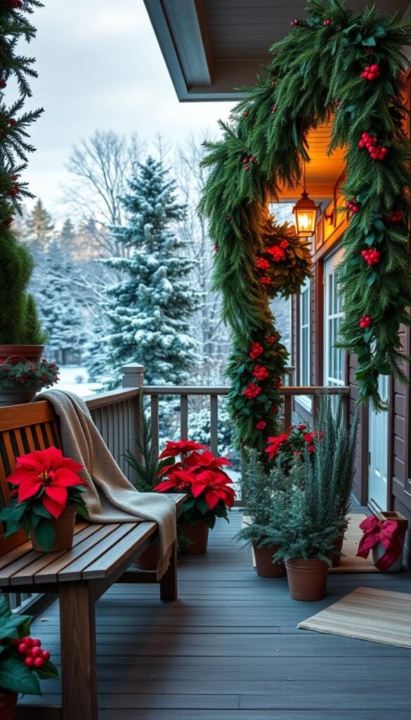 An idyllic front porch adorned with lush, seasonal foliage. In the foreground, a wooden bench is draped with a cozy blanket, inviting guests to sit and admire the natural beauty. Cascading garlands of evergreen and holly adorn the railing, their deep green hues punctuated by vibrant red berries. In the middle ground, potted poinsettias and fragrant rosemary plants flank the entrance, their vibrant colors and aromas adding to the festive atmosphere. The background features a picturesque winter landscape, with snow-dusted trees and a clear, crisp sky. Soft, warm lighting emanates from the porch, creating a welcoming and enchanting scene. The overall composition evokes a sense of seasonal charm and invites visitors to step inside and experience the cozy, festive ambiance.