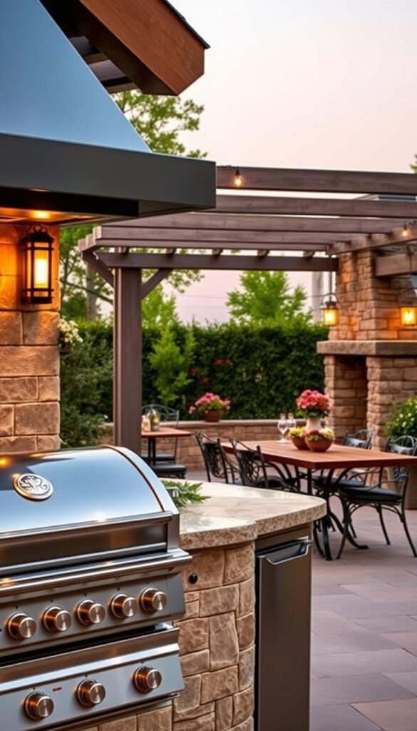 An idyllic outdoor kitchen design, showcasing a variety of stylish elements. In the foreground, a sleek, modern stainless steel grill and countertop setup, with a natural stone backsplash. In the middle ground, a cozy dining area with a rustic wooden table and wrought-iron chairs, surrounded by lush greenery and flowering plants. In the background, a stone-clad chimney or fireplace adds a touch of warmth and ambiance, while overhead, a pergola or canopy creates a shaded, intimate atmosphere. Warm, soft lighting illuminates the scene, accentuating the textural contrast between the materials. The overall design seamlessly blends contemporary and traditional elements, creating a harmonious and inviting outdoor kitchen space.