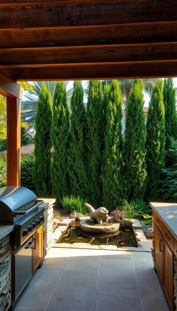 An idyllic outdoor kitchen nestled in a lush, verdant backyard. The scene features a well-appointed cooking area with a sleek stainless steel grill, a weathered wooden island, and a stone-clad countertop. Overhead, a rustic wooden pergola casts a gentle shadow, creating a warm, inviting ambiance. The middle ground showcases a tranquil koi pond, with its calming waters reflecting the surrounding flora. In the background, a row of tall, swaying trees frames the scene, providing natural privacy and a sense of seclusion. The overall atmosphere is one of peaceful relaxation, perfect for entertaining and al fresco dining.