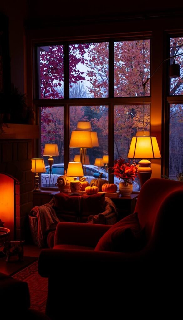 An interior scene of a cozy fall living room, bathed in warm, inviting lighting.