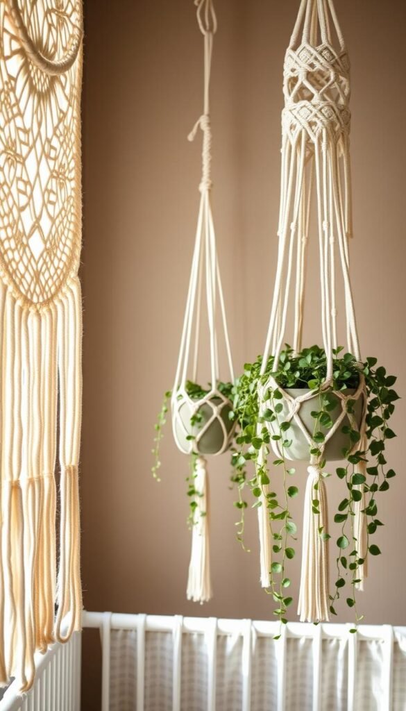 An intimate and tranquil macramé nursery scene, bathed in soft, natural light. In the foreground, intricate ivory macramé wall hangings with delicate woven patterns cascade gracefully, their organic textures and shapes creating a soothing, bohemian ambiance. In the middle ground, a handcrafted macramé plant holder suspends a lush, trailing potted plant, its verdant foliage complementing the neutral color palette. The background features a muted, earthy-toned wall, providing a serene and calming backdrop for the natural fiber decor. The overall scene exudes a sense of warmth, balance, and rustic sophistication, perfectly capturing the essence of a tranquil, bohemian-inspired nursery space. Prompt