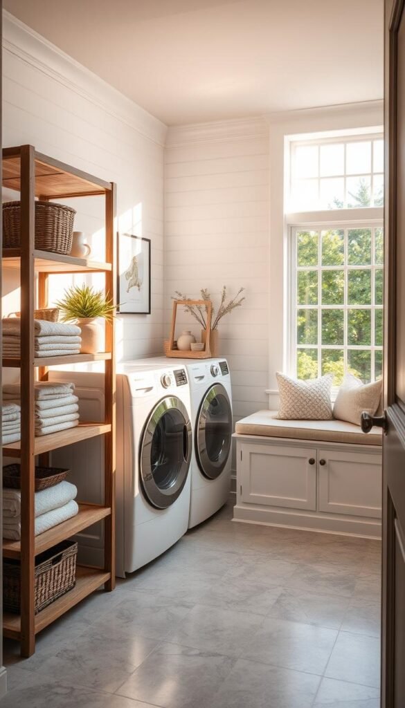 An intimate, cozy laundry room with soft, natural lighting streaming through large windows, casting a warm glow on the clean, minimalist decor. In the foreground, a rustic wooden shelving unit displays neatly folded linens, woven baskets, and decorative vases. The middle ground features a modern, energy-efficient washer and dryer set, surrounded by elegant tile flooring and whitewashed shiplap walls. In the background, a charming window seat with plush cushions overlooks a lush, verdant garden, adding a touch of tranquility and personal flair to the space. The overall atmosphere is one of effortless style, functionality, and a sense of calm, reflecting the homeowner's unique personality and design aesthetic.