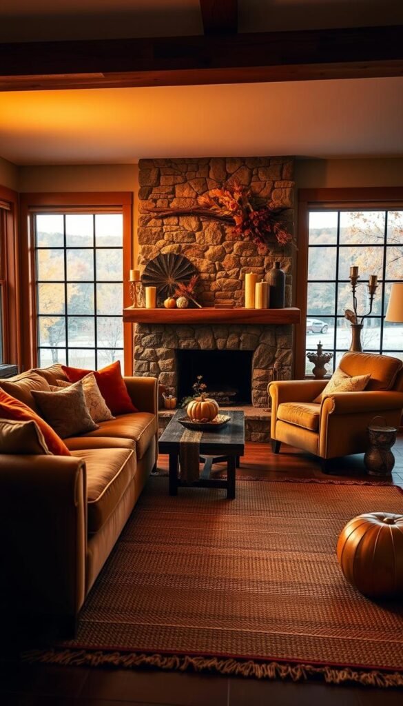 An inviting, cozy living room with a seamless transition from summer to fall decor.